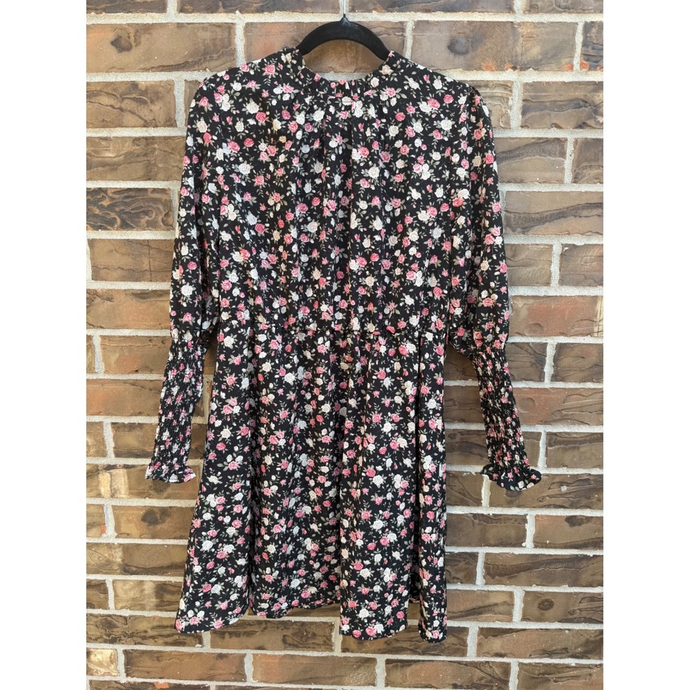 Black Pink Rose Floral High Neck Long Sleeve Smocked Cuff Mini Dress Women